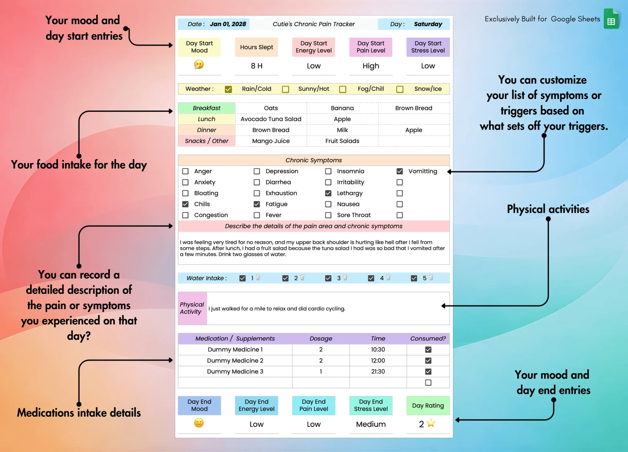 Chronic Pain and Symptom Tracker for Google Sheets