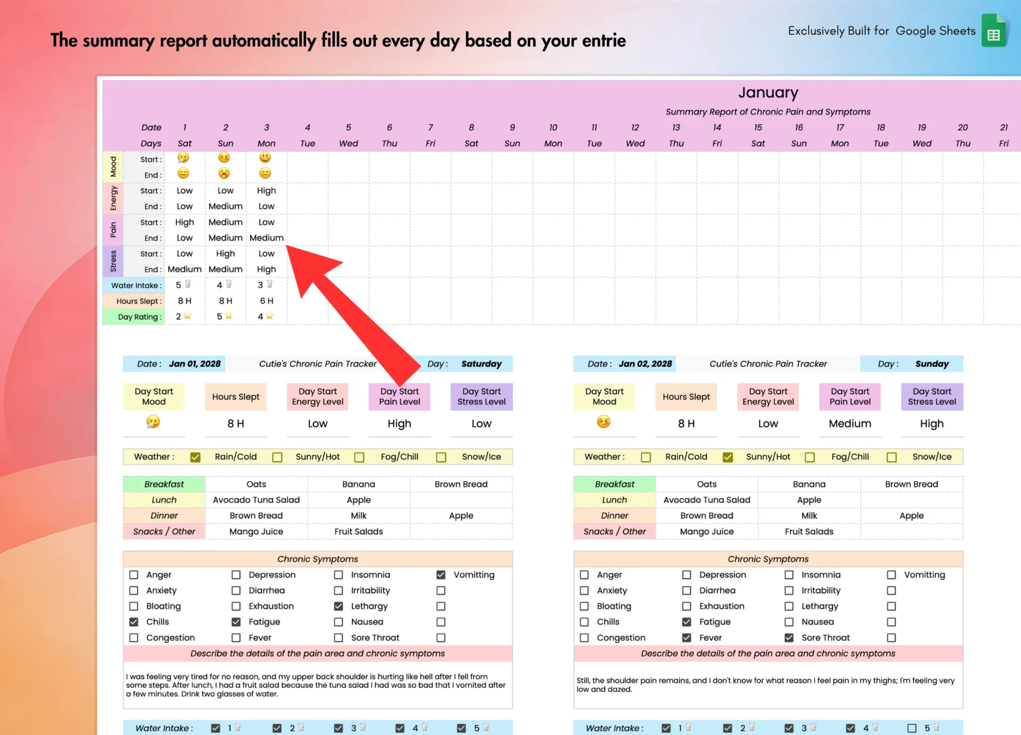 Chronic Pain and Symptom Tracker for Google Sheets