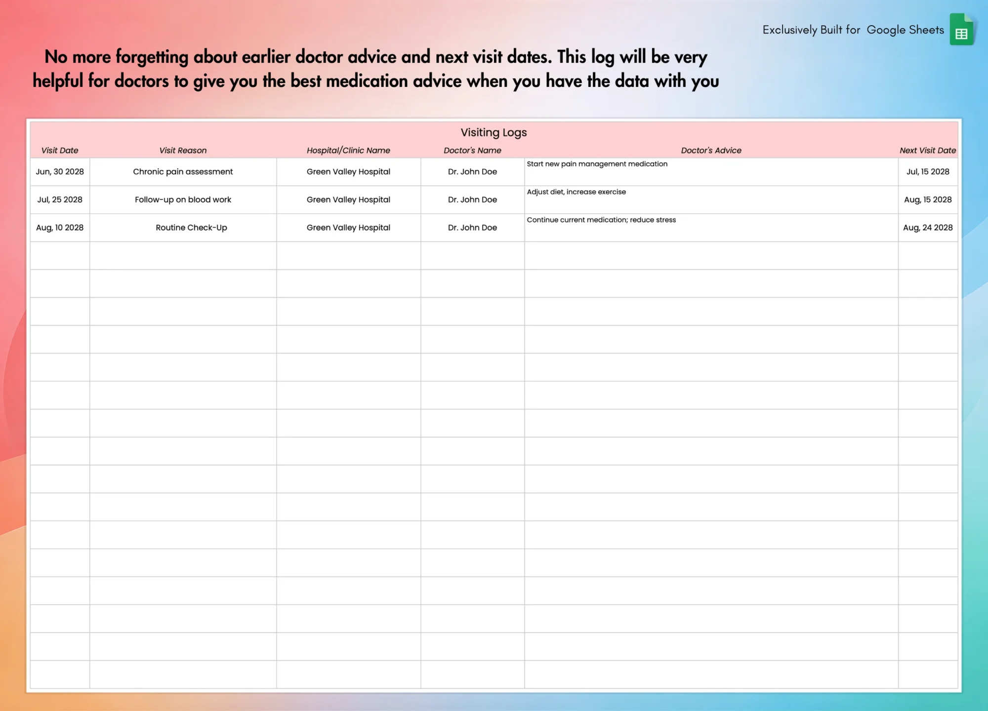 Chronic Pain and Symptom Tracker for Google Sheets