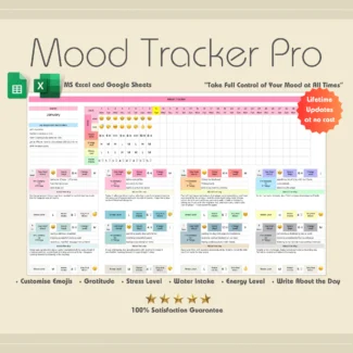 mood journal spreadsheet, excel, google sheets, daily mood tracker template, mood chart, emotion tracker, and mood log for tracking feelings