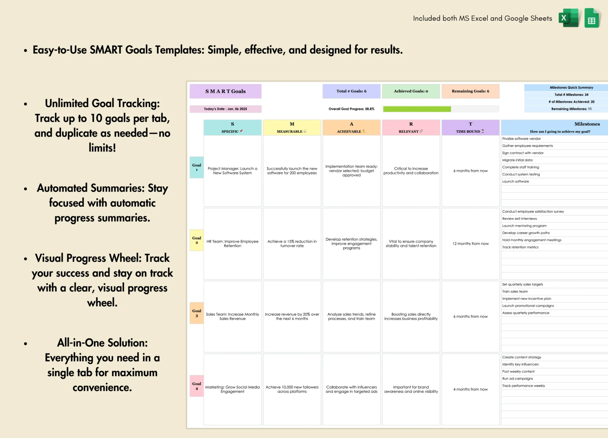 smart goals template for google sheets and excel