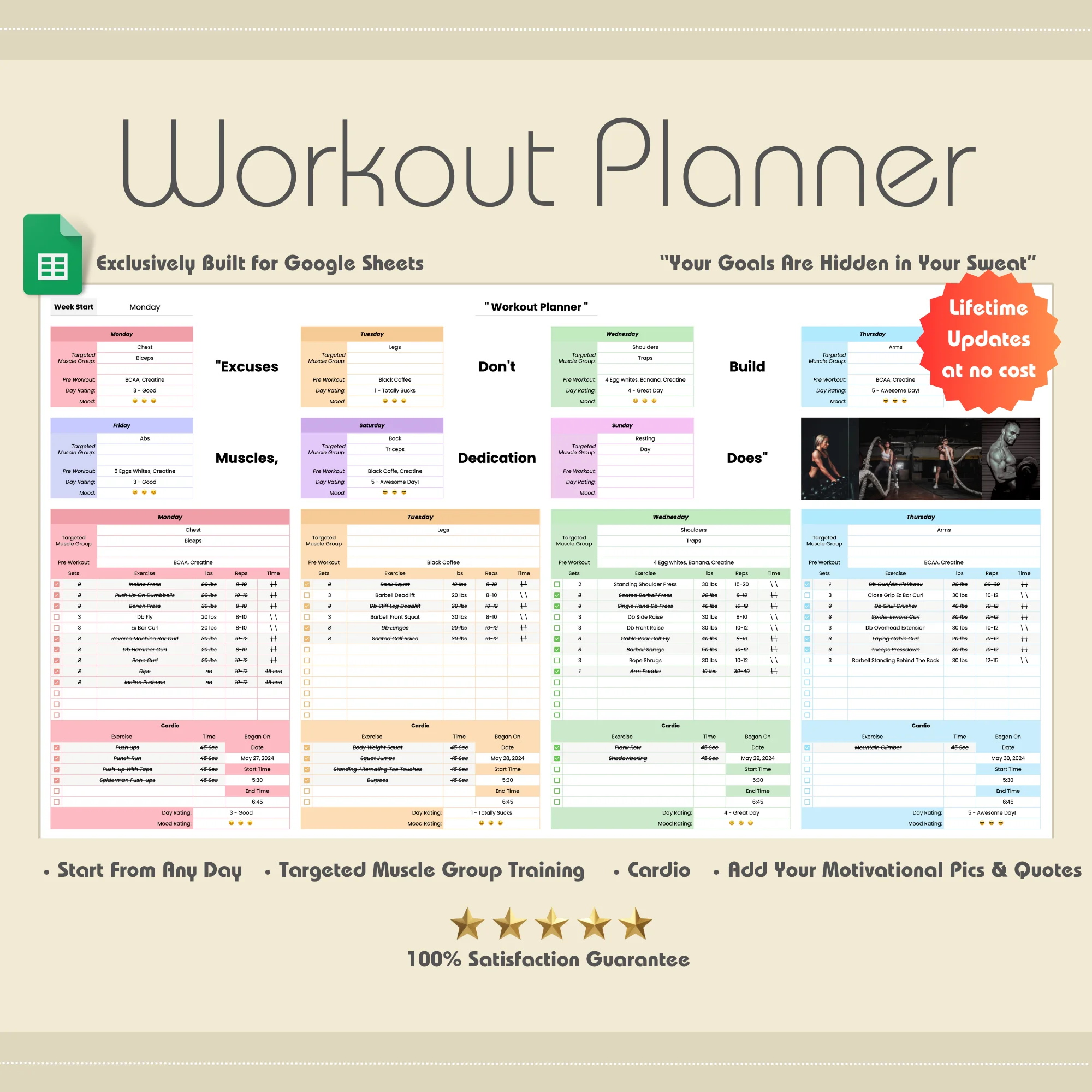 Weekly workout planner spreadsheet made for google sheets. Created by ggbuddy4u.com