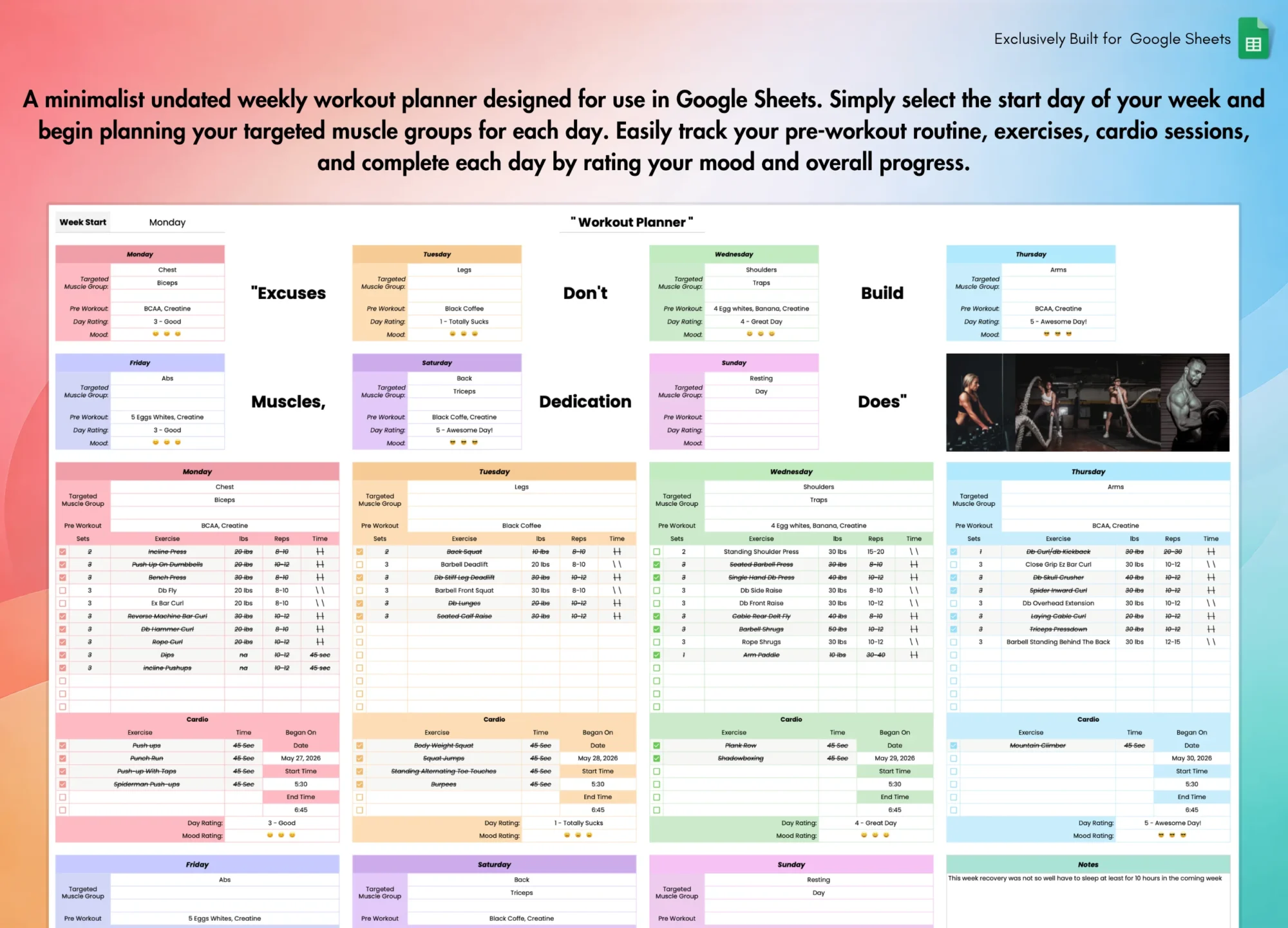 Weekly Workout Planner for Google Sheets