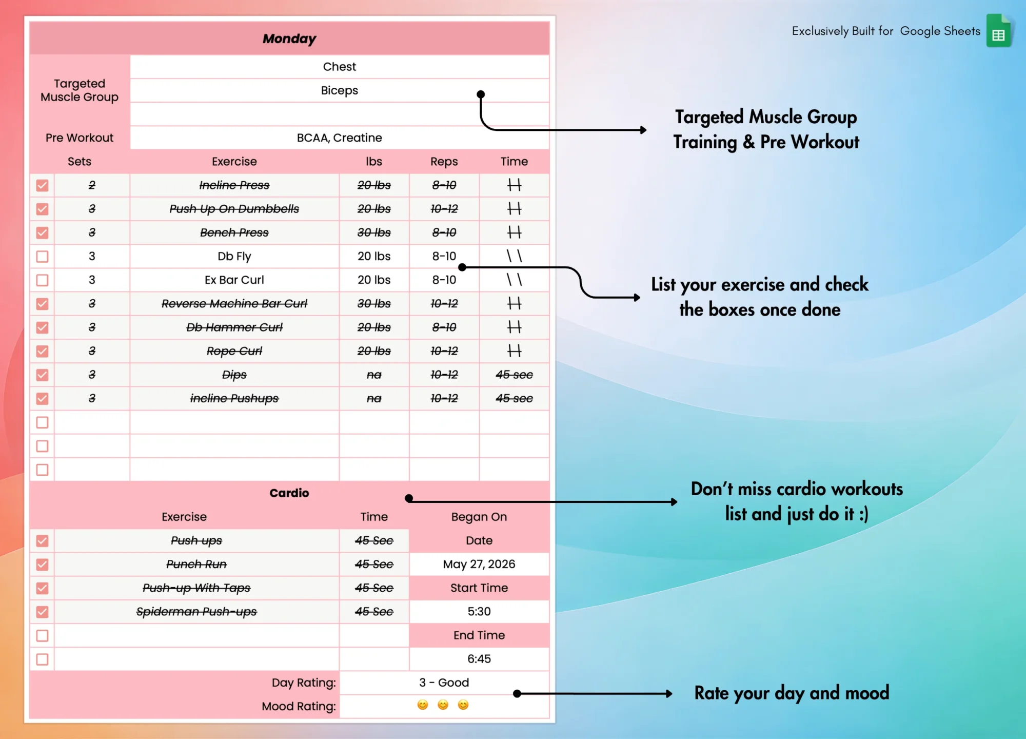 Weekly Workout Planner for Google Sheets