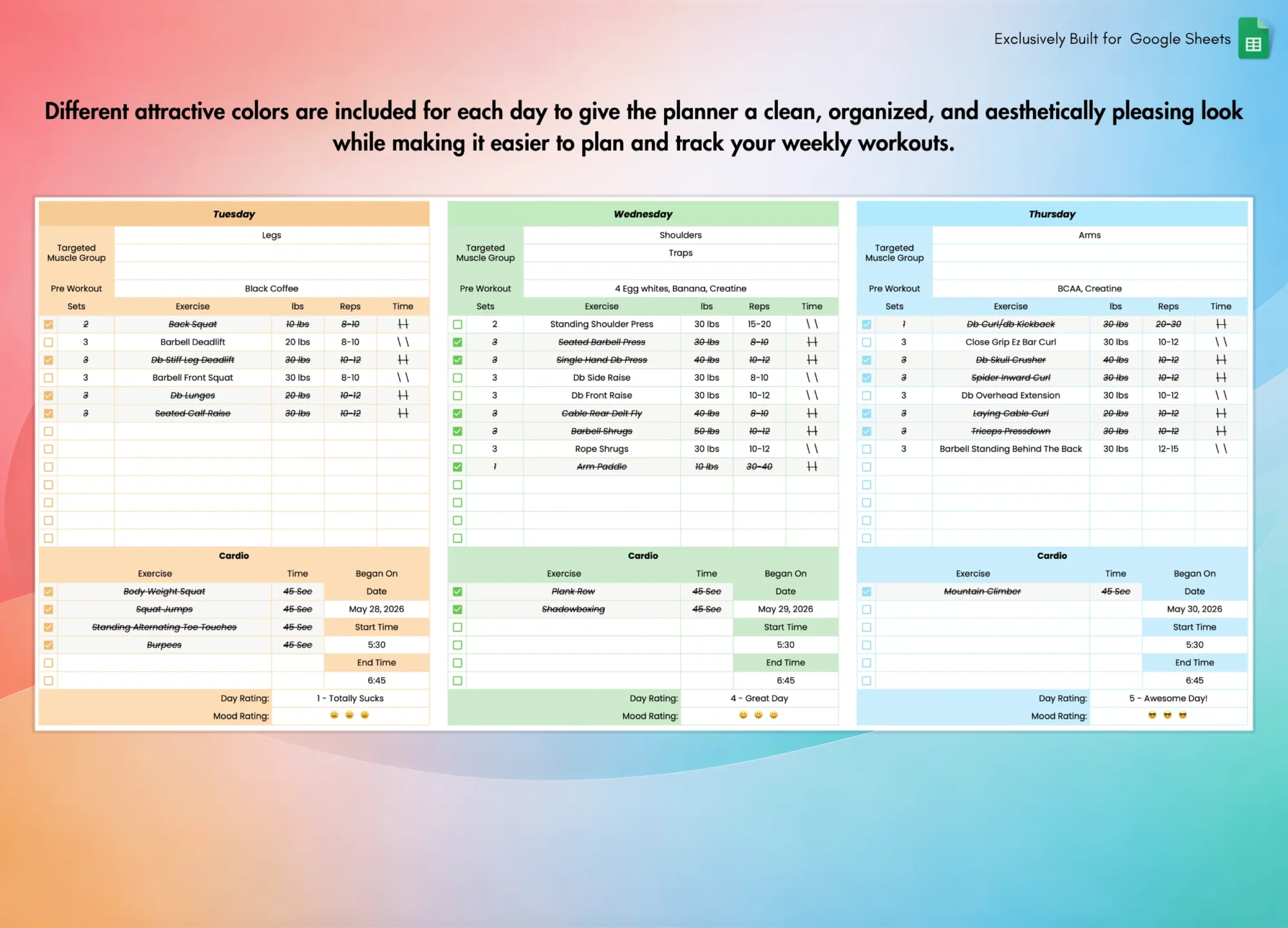 Weekly Workout Planner for Google Sheets