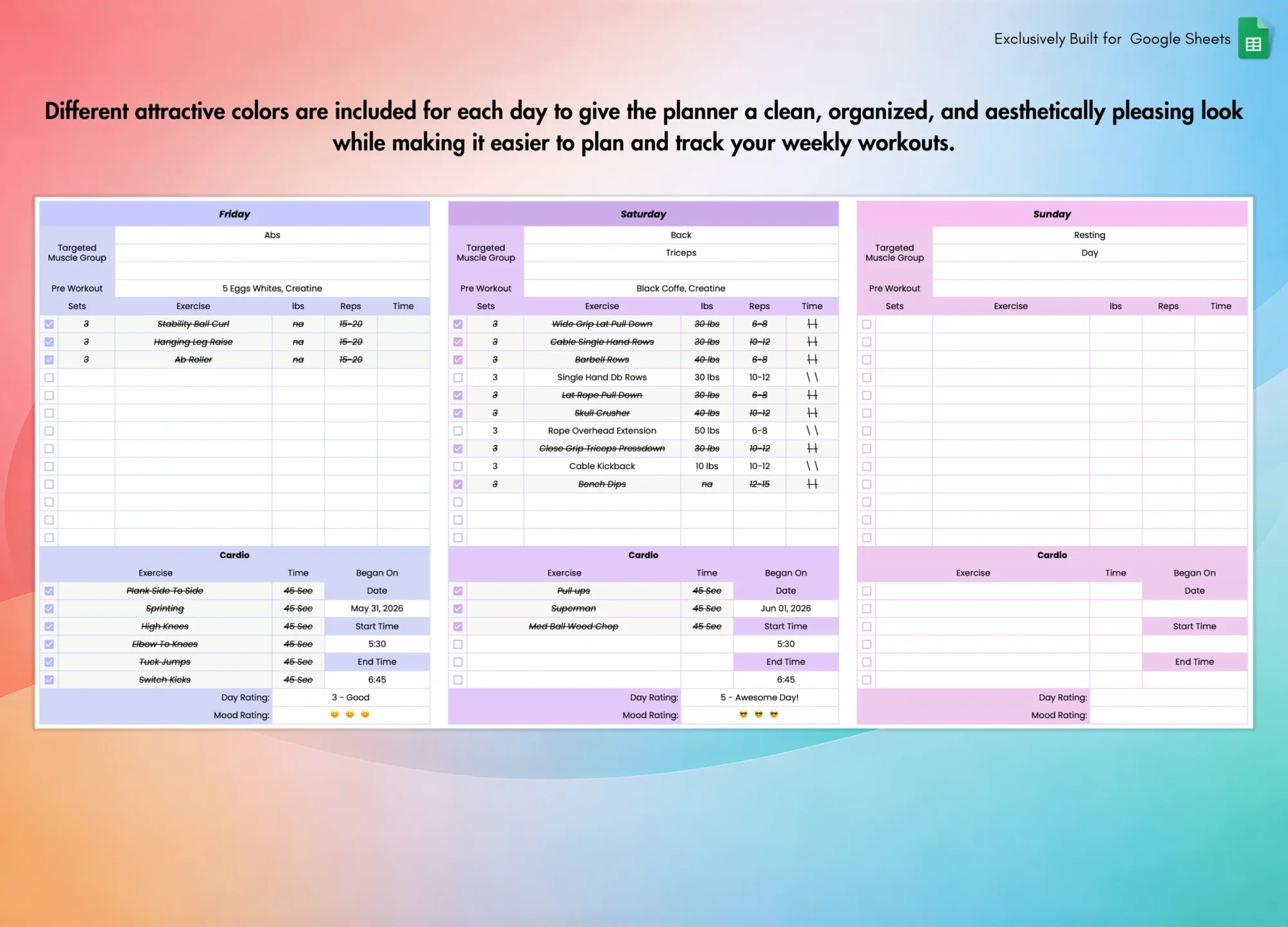 Weekly Workout Planner for Google Sheets