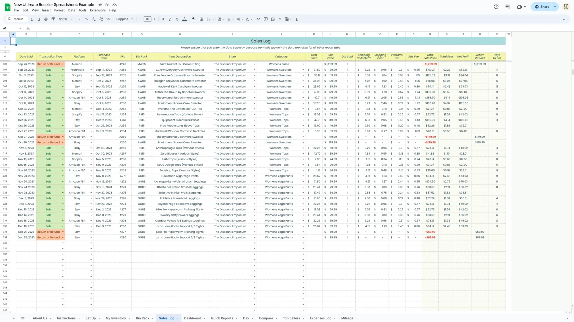 Reseller spreadsheet made for google sheets it helps track inventory, sales, profit, and business expenses.