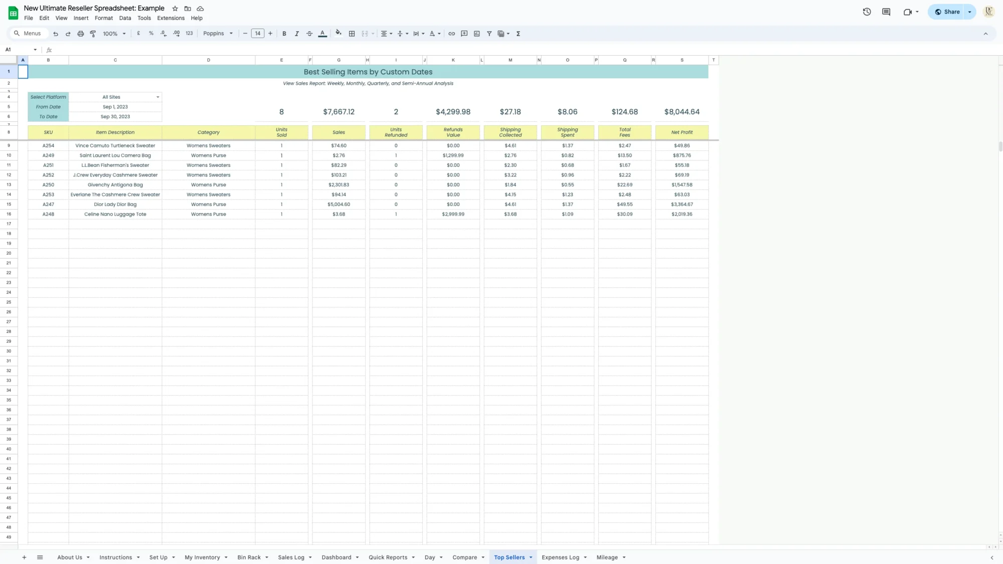 Reseller spreadsheet made for google sheets it helps track inventory, sales, profit, and business expenses.
