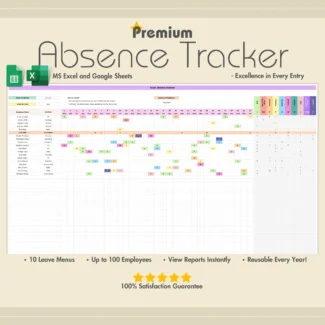 premium absence tracker spreadsheet for excel and google sheets, designed for small businesses and hr to track employee absences, leave, pto, and time off.